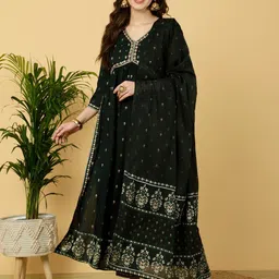 KALINIFloral Embroidered Empire Mirror Work Kurta with Trousers & Dupatta-30