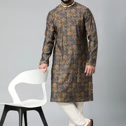 TheEthnic.Co Floral Printed Band Collar Regular Pure Cotton Kurta With Trousers-picture-14
