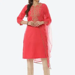 Biba Women Fuchsia Yoke Design Pure Cotton Kurta with Trousers & With Dupatta-image-37