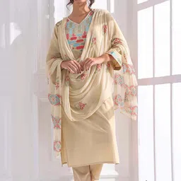 Anouk Women Embroidered Regular Thread Work Pure Cotton Kurta with Trousers & With Dupatta image 2