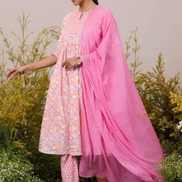 Libas Floral Yoke Design Pleated Gotta Patti Pure Cotton Kurta with Trousers & Dupatta-24