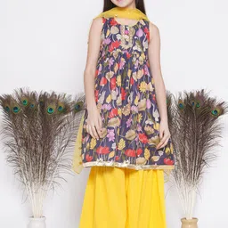 Little Bansi Girls Floral Printed Pure Silk A-Line Kurta With Sharara & Dupatta-picture-55