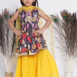 Little Bansi Girls Floral Printed Regular Pure Silk Kurta With Sharara & Dupatta-picture-51