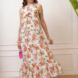 Vishudh Floral Print Tie-Up Neck Maxi Dress-image-48