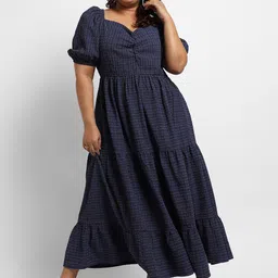 Instafab Plus Plus Size Checked Sweetheart Neck Puff Sleeve Tiered Fit & Flare Dress-0
