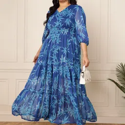 DEEBACO V-Neck Floral Print Puff Sleeve Chiffon Maxi Dress-image-68