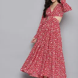 SASSAFRAS Red & Beige Floral Waist Cut-Out Maxi Dress-image-51