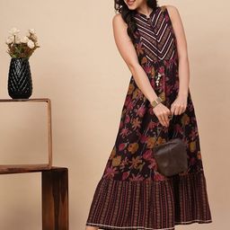 Globus Floral Printed Mandarin Collar Gotta Patti Maxi Dress-picture-49