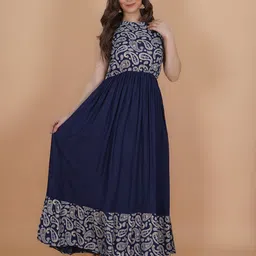 INDIANIC Ethnic Motifs Printed Halter Neck Fit & Flare Maxi Ethnic Dress-picture-15