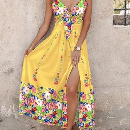 StyleCast Yellow Floral Printed Shoulder Straps Maxi Fit & Flare Dress-8