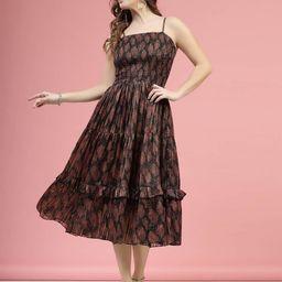 plusS Brown & Black Ethnic Motifs Printed Smocked Tiered A-Line Dress-image-76