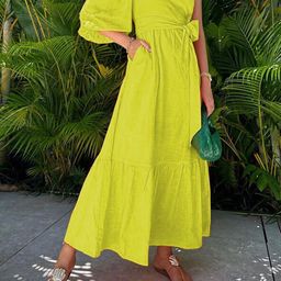 StyleCast x Revolte Yellow One Shoulder Neck Linen Maxi Dress-image-71