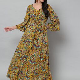 HELLO DESIGN Mustard Yellow Ethnic Motifs Ethnic Maxi Dress-image-101