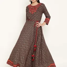 Be Indi Rayon Embroidered Round Neck Gotta Detailing with Dori Waist Tie-Up Maxi Dress-image-31