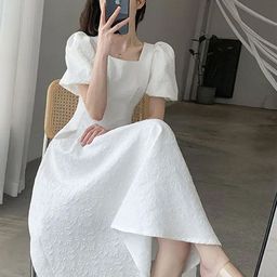 LULU & SKY Self Design Square Neck Puff Sleeves Fit & Flare Midi Dress-image-67
