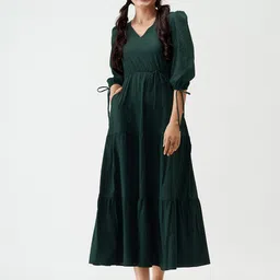 AASK Puff Sleeves Tie-Up Detail Tiered Maxi A-Line Dress-image-88