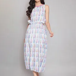 W Blue Floral Omplalodes printed dress with cut-outs waist and gathers.-29