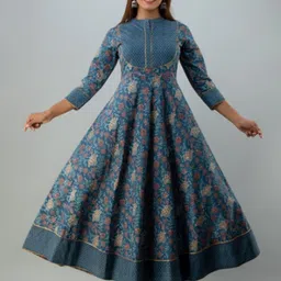 GLAM ROOTS Blue Floral Printed Cotton Midi Fit & Flared Dress-image-77