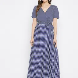 HELLO DESIGN Women Blue & White Checked Crepe Wrap Maxi Dress-picture-50