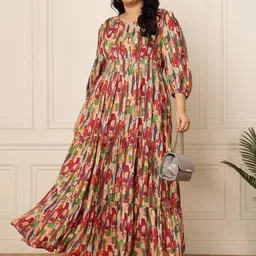 DEEBACO Abstract Printed Flared Puff Sleeve Maxi Dress-46