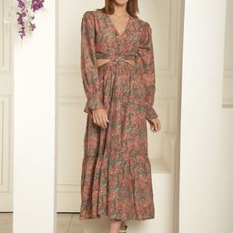 KALINI Floral Printed V-Neck Puff Sleeve Cut Out Silk Maxi Dress-image-46