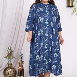 KALINI Plus Size Floral Printed Mandarin Collar A-Line Dress-image-95