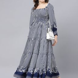 DEEBACO Striped Square Neck Long Puff Sleeve Maxi Dress-picture-24