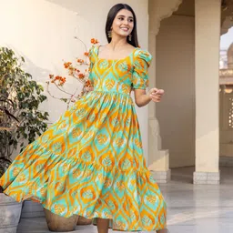 Ambraee Floral Printed Cotton Square Neck Puff Sleeve Maxi Dress-picture-3