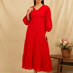SANASH Collections Embroidered Puffed Sleeves Tiered Cotton Fit and Flare Maxi Dress-image-12