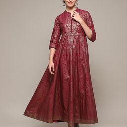 Biba Ethnic Motifs Printed Mandarin Collar Gathered Cotton Fit & Flare Maxi Ethnic Dress-image-56