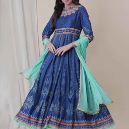Be Indi Silk Printed and Embroidered Round Neck Maxi Dress with Dupatta-image-92