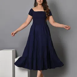 IQRAAR Square Neck Smocked Tiered Fit & Flare Midi Dress-image-68