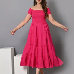 IQRAAR Off Shoulder Smocked Tiered Fit & Flare Midi Dress-picture-21