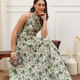 Meeranshi Floral Printed Round Neck Sleeveless Fit & Flare Maxi Cotton Dress-image-2