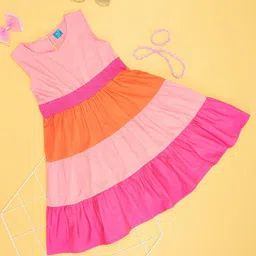YU by Pantaloons Girls Colourblocked Smocked Pure Cotton Fit & Flare Dress-image-74
