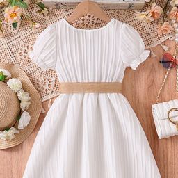 StyleCast Girls White Self Design Lace-Up Puffed Sleeves Fit & Flare Dress-39