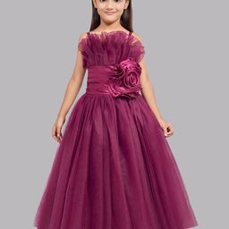 Pink Chick Burgundy Girls Shoulder Straps Ruffled Tulle Net Fit & Flare Maxi Dress-picture-42