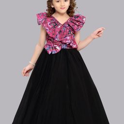 Pink Chick Floral Print Flutter Sleeve Ruffled Net Fit & Flare Maxi Dress-12