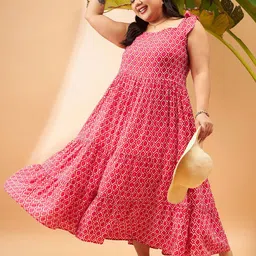 SASSAFRAS Curve Plus Size Pink Geometric Printed Gathered Tiered Fit & Flare Maxi Dress-43