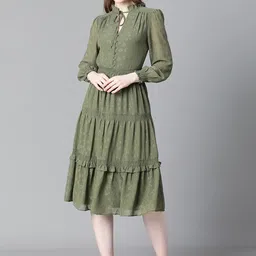 Oxolloxo Self Design Tie-Up Neck Smocked Dobby A-Line Midi Dress-picture-14