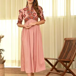Rustorange V-Neck Ethnic Motifs Printed Gathered Empire Maxi Dress-image-64