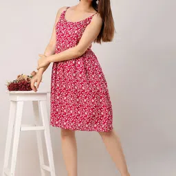SHOOLIN Floral Printed Shoulder Straps Gathered Smocked Pure Cotton A-Line Dress-picture-35