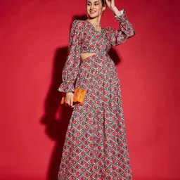 SASSAFRAS Red Floral Printed Cut Out Crepe Maxi Dress-image-32