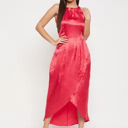 Color Cocktail Choker Neck Gathered Wrap Midi Dress-image-30