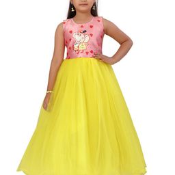 Aarika Girls Pink & Yellow Peppa Pig Printed Floral Net Maxi Dress-image-87