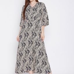 Ruhaans Women Beige & Black Printed Georgette Maxi Dress-image-26