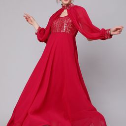AKS Couture Embellished Sequinned Georgette Maxi Ethnic Dress With Cape Sleeves-picture-51