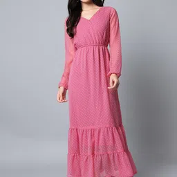 HELLO DESIGN Self Design V-Neck Log Puff Sleeve Georgette Maxi Dress-picture-25