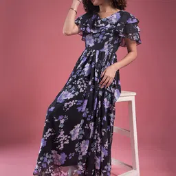 DressBerry Black Floral Printed Flutter Sleeves Georgette Fit & Flare Maxi Dress-picture-58