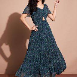 DressBerry Printed Gathered Puff Sleeves Cut-Out Detail Georgette Maxi Fit & Flare Dress-image-26